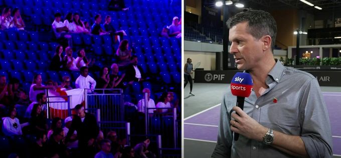 Henman (phải) bình luận trên Sky Sports về tình trạng vắng khán giả ở WTA Finals 2024. Ảnh chụp màn hình