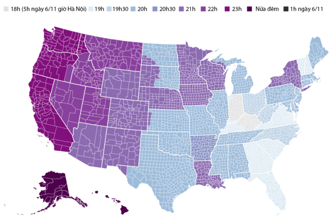 Thời gian các điểm bỏ phiếu ở Mỹ đóng cửa. Đồ họa: Washington Post