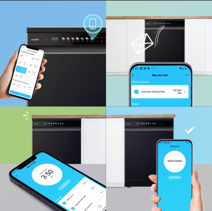 Máy rửa chén Comfee CDWEF1533GB-WU-VN có thể điều khiển từ xa qua ứng dụng trên điện thoại. Ảnh: Comfee