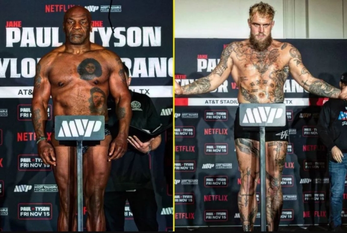 Mike Tyson và Jake Paul trong buổi cân trước trận tại Irving, Texas ngày 13/11. Ảnh: Most Valuable Promotions