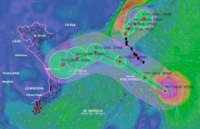 Dự báo hướng đi bão Manyi sáng 16/11. Ảnh: Hệ thống giám sát thiên tai