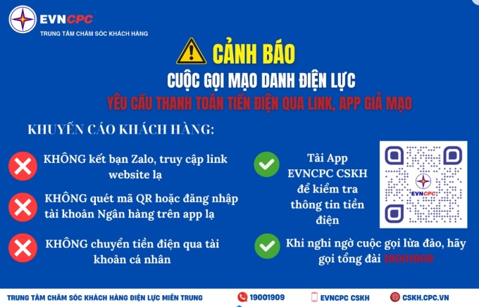 Cảnh báo trên website của Trung tâm Chăm sóc Khách hàng Điện lực miền Trung về tình trạng lừa đảo. Ảnh: CPC