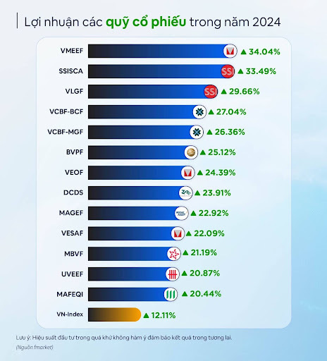 Quỹ mở VMEEF dẫn đầu thị trường trong năm 2024 với hiệu suất 34%. Nguồn: Fmarket