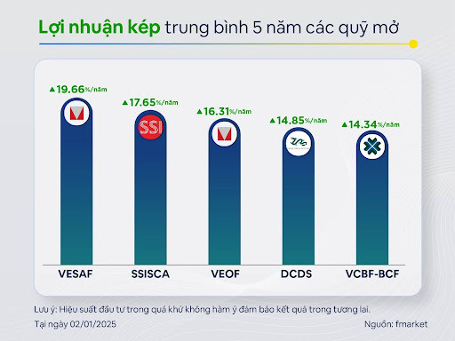 Thống kê lợi nhuận trung bình 5 năm qua của VESAF, SSISCA, VEOF, DCDS, VCBF-BCF. Nguồn: Fmarket