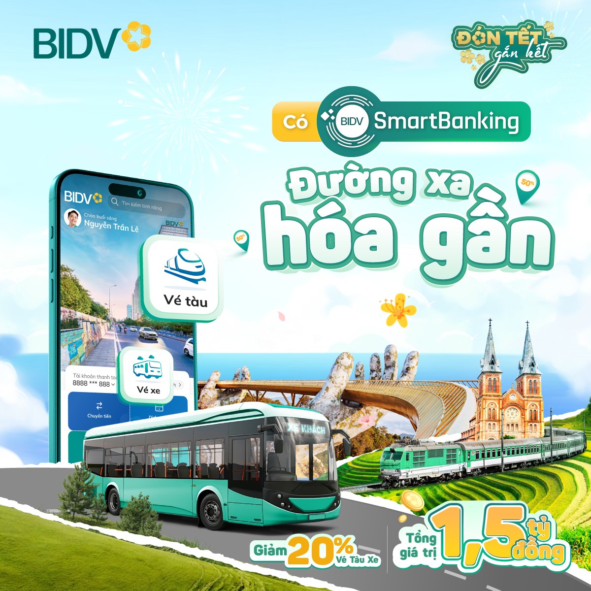 Ngàn ưu đãi giảm tới 100.000 đồng vé tàu - xe tết trên BIDV SmartBanking