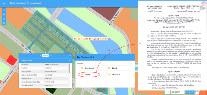 Chức năng tra cứu thông tin đồ án quy hoạch - ‎Điểm dân cư phía Tây Bắc sông La Vỹ, cầu Rộc Hội, huyện Phù Cát. Ảnh: Thảo Chi