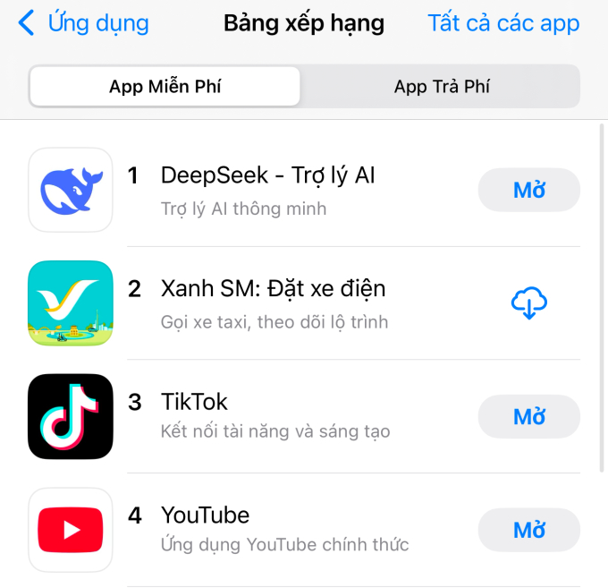 DeepSeek đứng ở vị trí số 1 trên App Store, chiều 28/1. Ảnh chụp màn hình