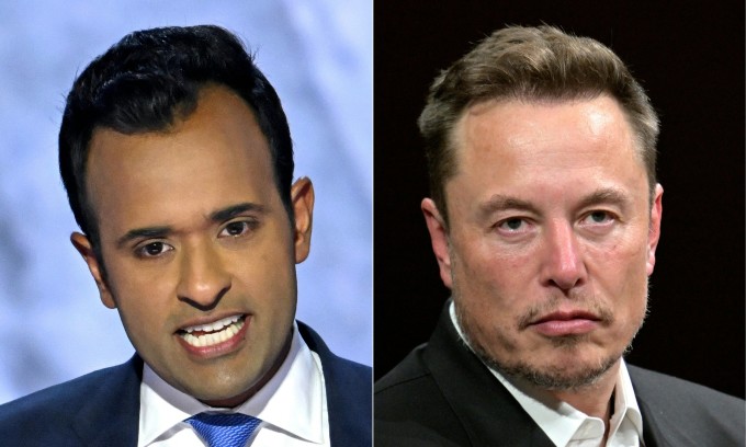 Doanh nhân Vivek Ramaswamy (trái) và tỷ phú Elon Musk. Ảnh: AFP