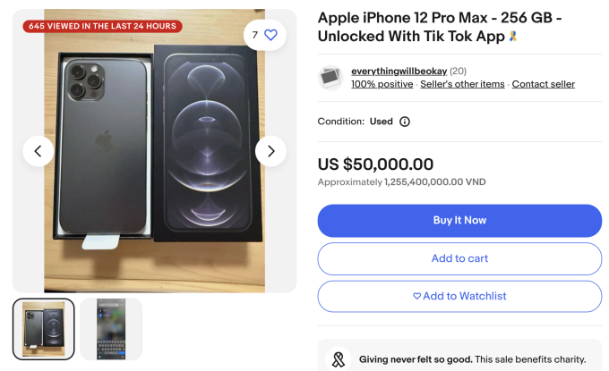 Một chiếc iPhone 12 Pro Max cài sẵn TikTok được rao trên eBay với giá tới 50,000 USD.