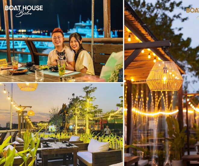 Lấy cảm hứng từ hình ảnh con thuyền đang vươn mình ra sông, Boat House Bistro sở hữu thiết kế tinh giản nhưng đầy tinh tế, với nội thất gỗ chủ đạo tạo cảm giác ấm cúng và sang trọng.