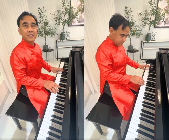 Quyền Linh trổ tài đánh đàn piano.