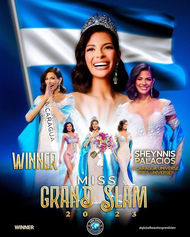 Năm 2023, người đẹp giành giải thưởng Miss Grand Slam - Hoa hậu đẹp nhất Thế giới là Hoa hậu Hoàn vũ 2023 Sheynnis Palacios.