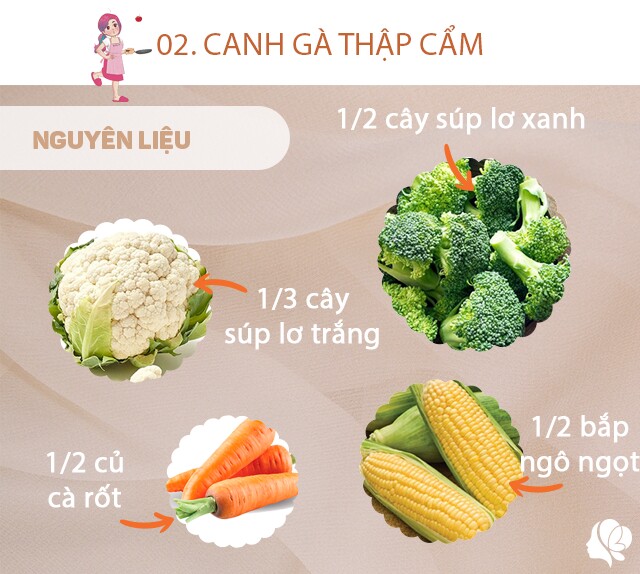 Chuẩn bị: Xương gà (cổ, chân gà, xương lưng), 1/2 cây súp lơ xanh, 1/3 cây súp lơ trắng, 1/2 củ cà rốt, 1/2 bắp ngô ngọt, hành khô, muối.