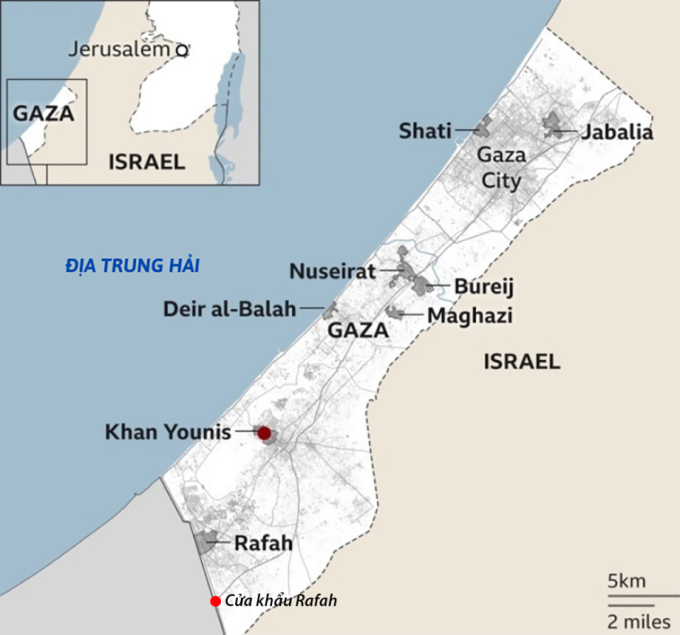 Vị trí thành phố Rafah ở miền nam Gaza và các đô thị lớn ở dải đất. Đồ họa: BBC