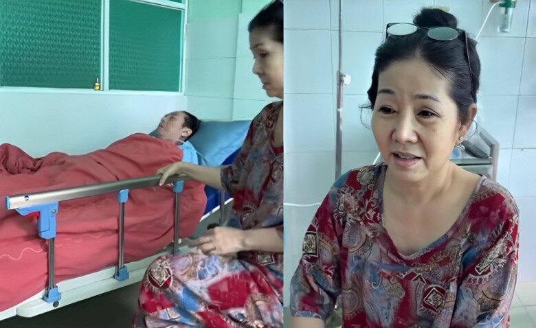 Vợ Tiểu Linh - nghệ sĩ Kim Thoa ở bệnh viện chăm sóc cho chồng.