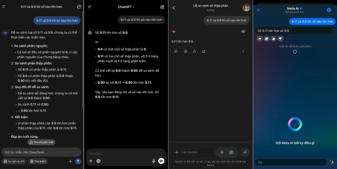 Câu trả lời của DeepSeek, ChatGPT, Gemini và Meta AI. Ảnh chụp màn hình