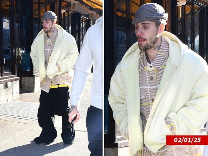 Justin Bieber trên phố New York hôm 1/2. Nguồn tin của TMZ cho biết ca sĩ trông mệt mỏi do đêm trước phải thức khuya để thu âm và trông con. Ảnh: Backgrid