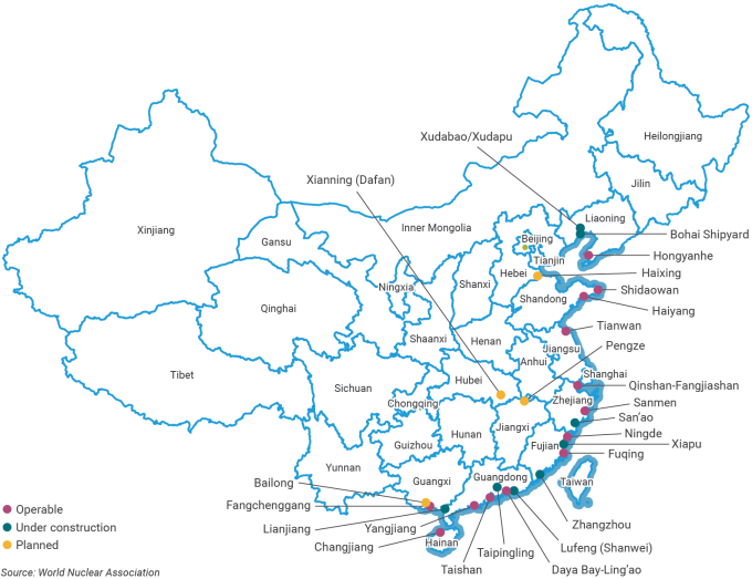 Các nhà máy điện hạt nhân đang hoạt động (tím), đang xây dựng (xanh lá) và đang được lên kế hoạch (vàng) tại Trung Quốc tính đến tháng 1/2025. Ảnh: World Nuclear Association