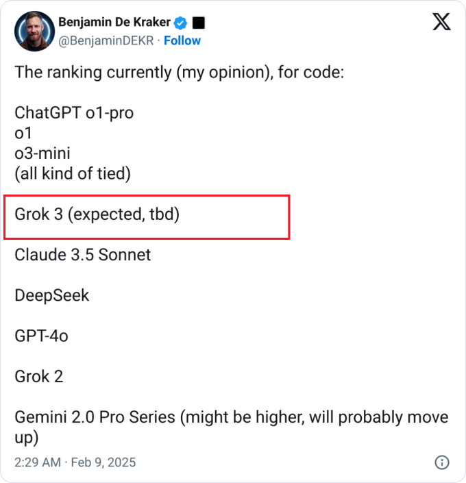 Bài đăng xếp hạng các mô hình AI của Kraker trên X.