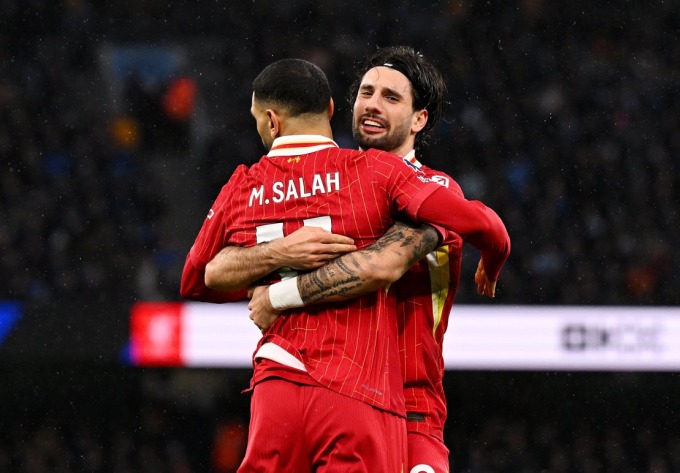 Salah (trái) mừng bàn mở tỷ số cùng Szoboszlai, trên sân Etihad, Manchester, Anh hôm 23/2. Ảnh: Reuters