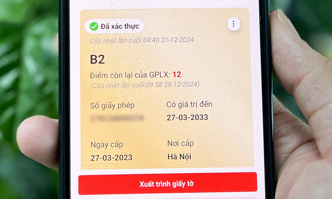 Thông tin điểm bằng lái hiển thị trên app VNeID, được tự động tích hợp. Ảnh:Minh Hy