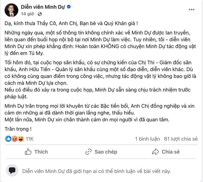 Minh Dự nhận bão phẫn nộ, phải làm ngay 1 việc né bão sau tâm thư phân trần ồn ào bạo lực đồng nghiệp