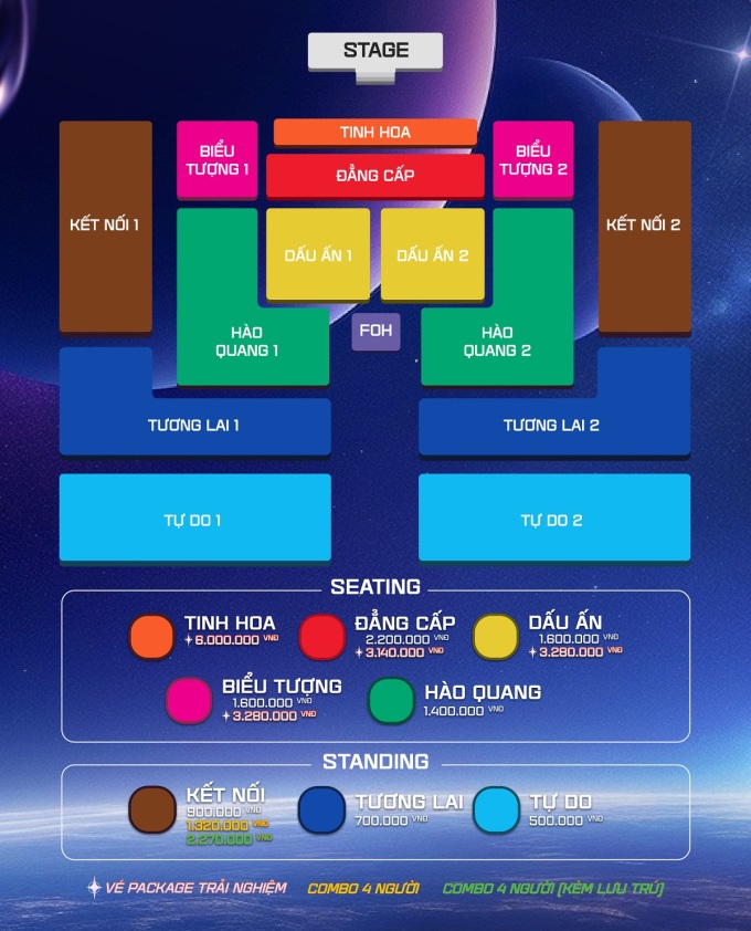 Sơ đồ sân khấu sự kiện cùng mức giá vé được ban tổ chức công bố. Ảnh: Vinhomes