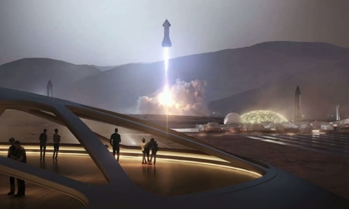 Mô phỏng khu định cư trên sao Hỏa với tên lửa Starship. Ảnh: SpaceX