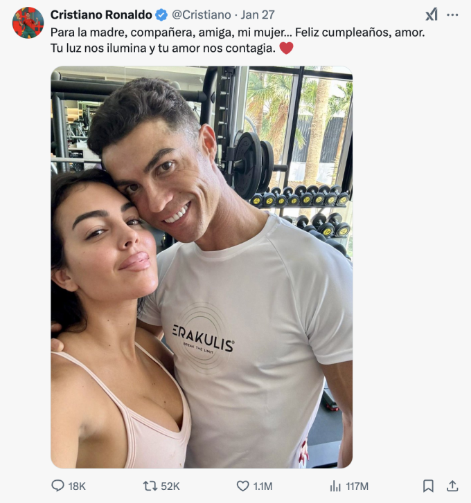 Bài đăng mừng sinh nhật của Georgina Rodriguez và lời chúc của Cristiano Ronaldo trên X. Ảnh chụp màn hình