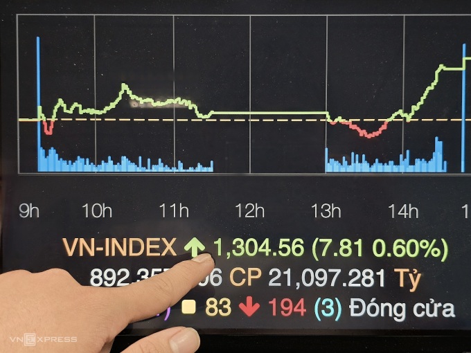 Nhà đầu tư đang theo dõi diễn biến VN-Index trong phiên vượt 1.300 điểm vào 24/2. Ảnh: Tất Đạt