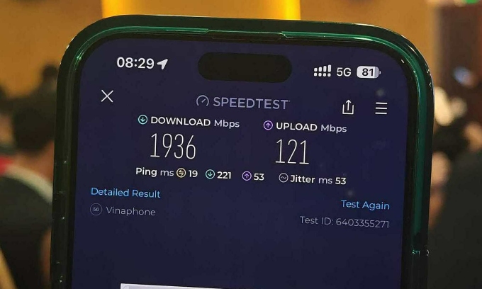 Đo thử tốc độ 5G của VinaPhone đạt 1,9 Gbps trong ngày ra mắt. Ảnh: Huy Đức