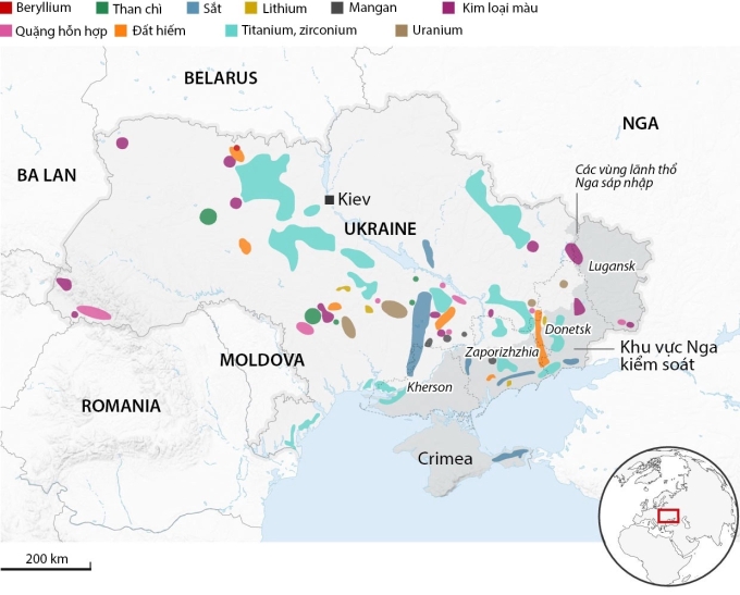 Vị trí các khu vực có khoáng sản ở Ukraine. Đồ họa: Guardian