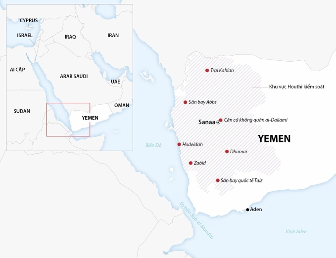 Vị trí các khu vực Houthi kiểm soát ở Yemen. Đồ họa: AFP