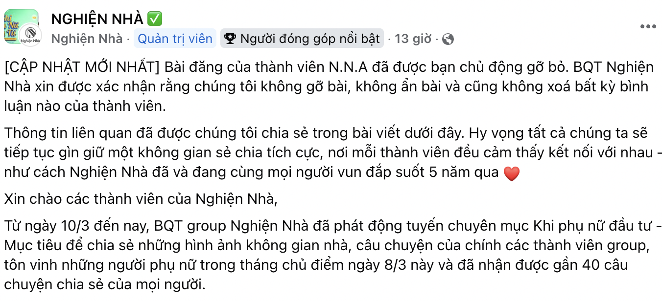 Admin nhóm Nghiện Nhà chính thức lên tiếng về 1 bài đăng kể chuyện 