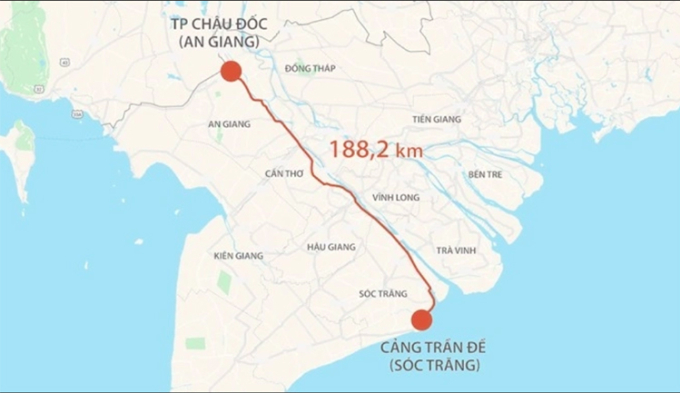 Hướng tuyến cao tốc Châu Đốc - Cần Thơ - Sóc Trăng. Đồ họa: Thanh Huyền