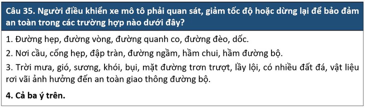 600 câu hỏi sát hạch lái xe: Có lỗ hổng để thí sinh đoán mẹo 2 600 câu hỏi sát hạch lái xe: Có lỗ hổng để thí sinh đoán mẹo - Ảnh 3.