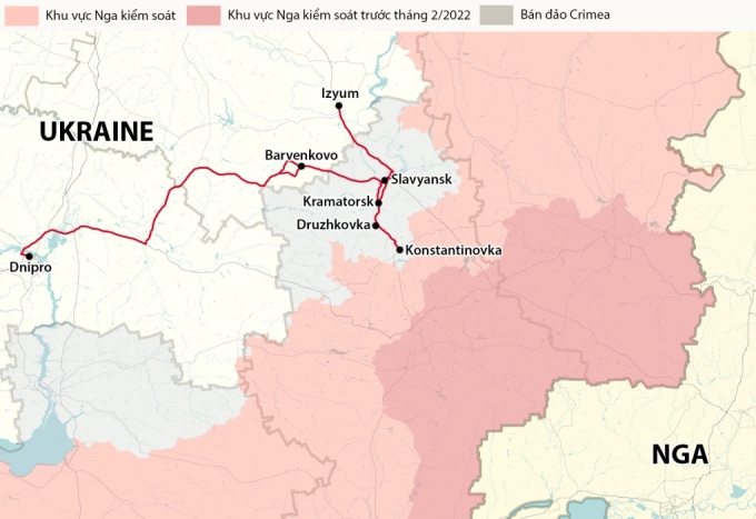 Tuyến đường nối một số đô thị tại tỉnh Donetsk, Kharkov và Dnipropetrovsk (màu đỏ). Đồ họa: RYV