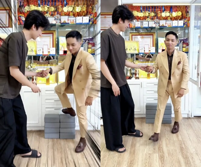 Sự thật đằng sau video Phan Hiển cùng dàn cúp vô địch, bảo sao bị Khánh Thi trêu "cái gì cũng có mỗi tội lùn" 2 Sự thật là để có thể chạm tới kệ huy chương, Phan Hiển phải đứng trên 4 chiếc đệm.