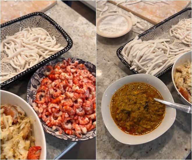 Nguyên liệu hấp dẫn gồm tôm hùm baby bóc vỏ, thịt cua tươi và tô sốt gạch cua xào hành tím dậy mùi. Mọi công đoạn đều được thực hiện thủ công, thể hiện rõ sự tỉ mỉ và tâm huyết.