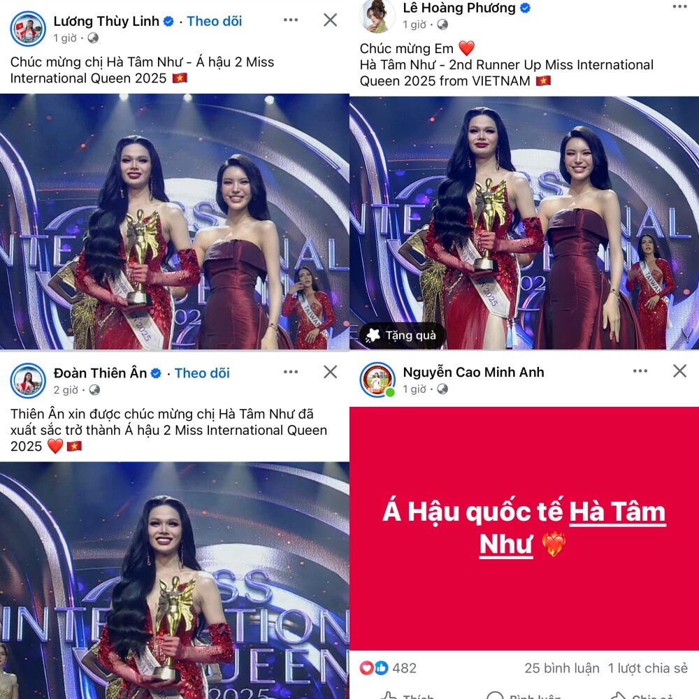 Sau khi biết kết quả, Hoa hậu Hương Giang, Lê Hoàng Phương… cùng nhiều mỹ nhân Việt đã nhanh chóng gửi lời chúc mừng đến Tân Á hậu chuyển giới Quốc tế 2025.