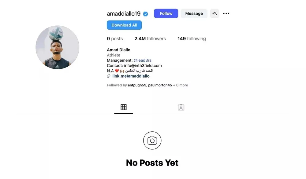 Amad - Ngôi sao của MU xóa tất cả các bài đăng sau bức ảnh gây tranh cãi với Garnacho. ẢNH: INSTAGRAM mu-amad.jpg