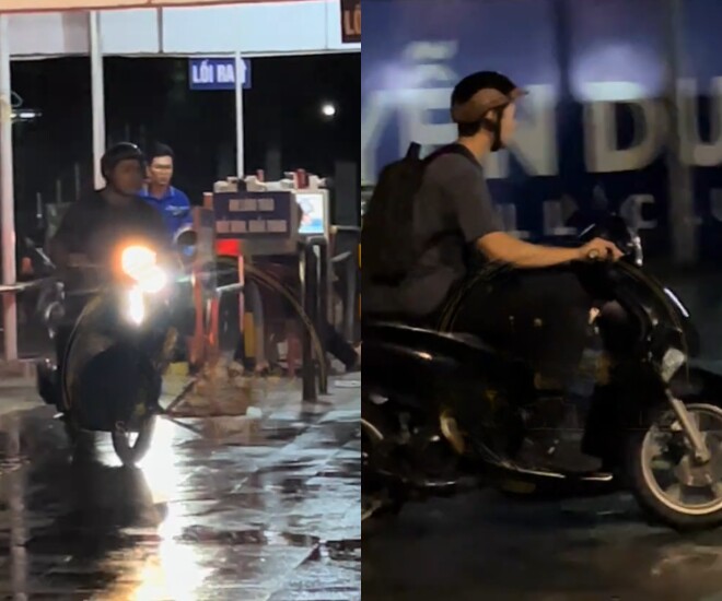 Quý tử của Cát Phượng - Thái Hòa giản dị chạy xe máy ra về sau sự kiện.