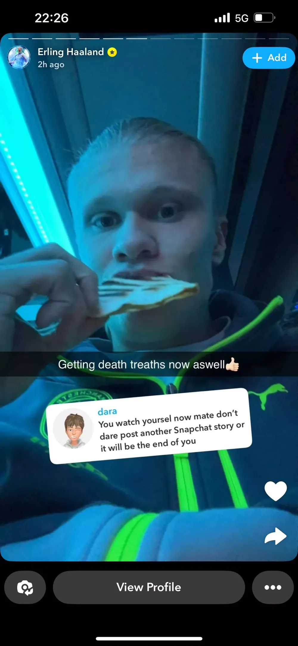 Haaland đã đăng dòng trạng thái này trên Snapchat. ẢNH: SNAPCHAT haaland-man-city.jpg