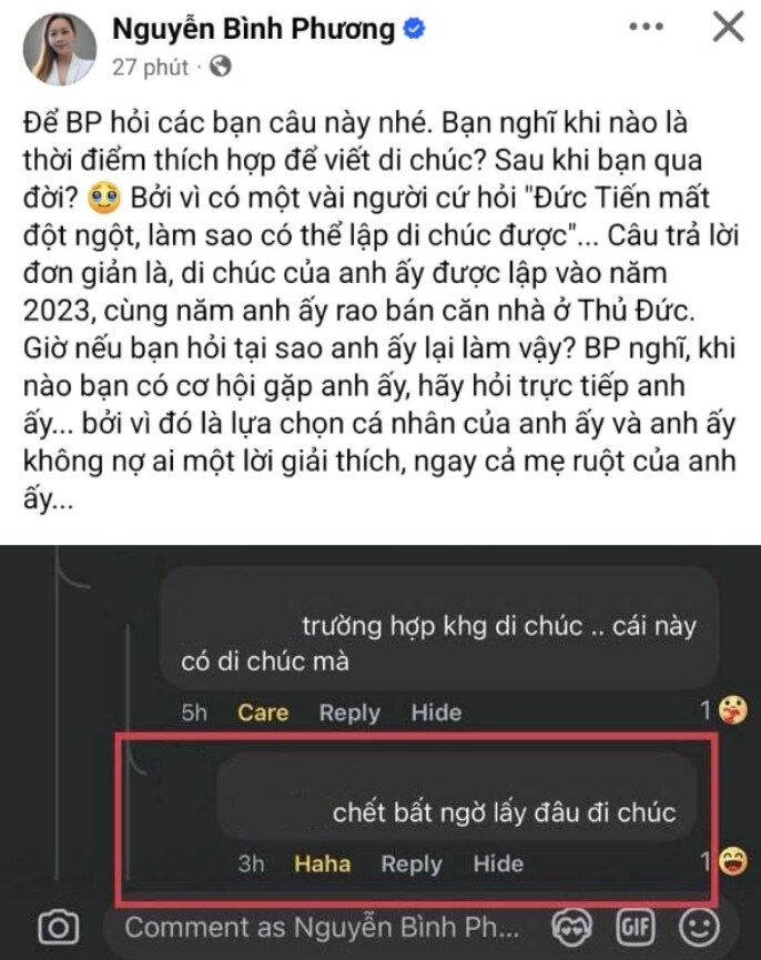 Bình Phương lên tiếng làm rõ chuyện vì sao Đức Tiến mất đột ngột lại có di chúc.