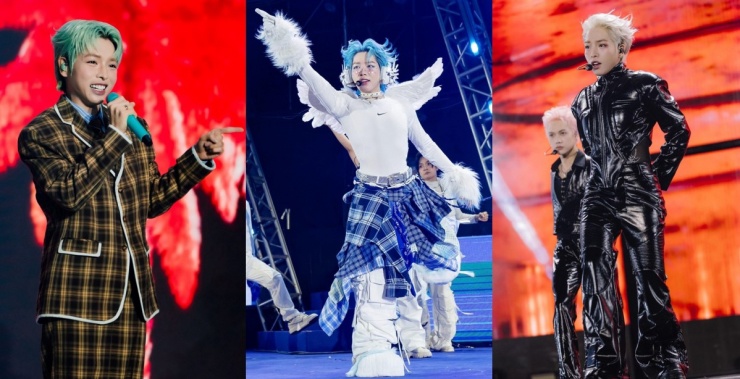 Đức Phúc biến hóa trên sân khấu - lúc thanh lịch với suit, khi lại ngầu với jumpsuit da, ngộ nghĩnh với áo cánh thiên thần, bốt đính lông xù. Dù chỉ cao 1,68 m, dáng người nhỏ bé, ca sĩ vẫn có thể mặc trang phục phối nhiều layer - phong cách nhiều người e ngại. Anh cũng đổi màu tóc liên tục với xanh bạc hà, hồng, bạch kim.