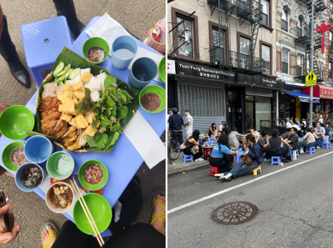 Suất bún đậu mắm tôm và không gian ăn uống ngoài trời của MẮM ở New York. Ảnh: WSJ
