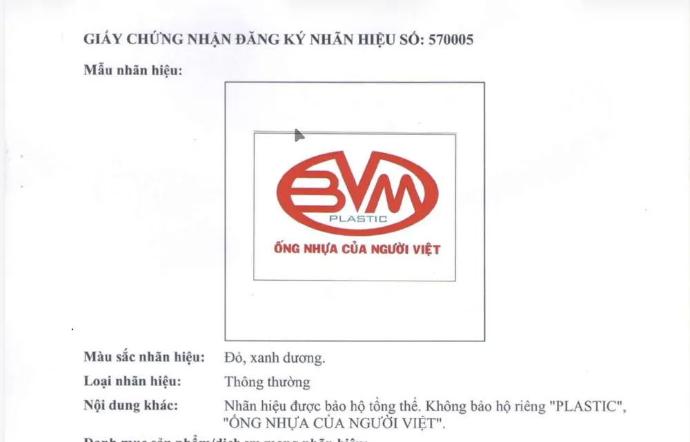 Nhãn hiệu của Công ty Nhựa Bình Minh Việt chính thức được Cục Sở hữu trí tuệ cấp giấy chứng nhận. Ảnh: HĐ IMG_2237.jpeg