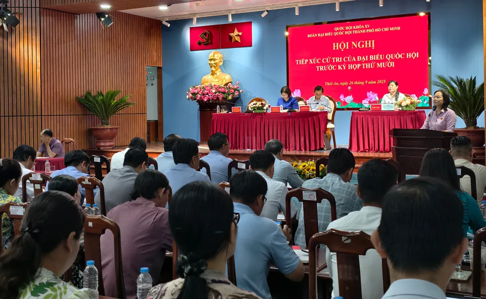 Tổ đại biểu Quốc hội TP.HCM đơn vị số 4 đã có buổi tiếp xúc cử tri năm phường trên địa bàn quận 12 cũ. Ảnh: N. TÂN Cử tri 5 phường ở quận 12 cũ nêu ý kiến về tội phạm mạng, hạ tầng giao thông