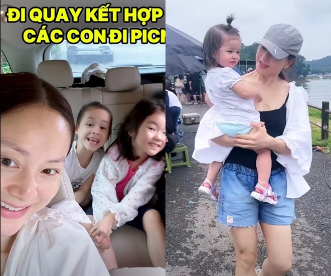 Lan Phương tranh thủ từng phút để chăm 2 con khi đi quay phim, có bảo mẫu theo sát giúp đỡ không còn một mình 1 Lan Phương đưa các con theo đến phim trường.