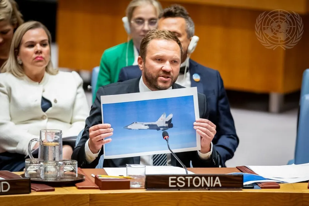 Ngoại trưởng Estonia Margus Tsahkna phát biểu tại cuộc họp của HĐBA LHQ ngày 22-9. Ảnh: UN NATO, Nga đấu khẩu tại cuộc họp khẩn của HĐBA về cáo buộc xâm nhập không phận Estonia